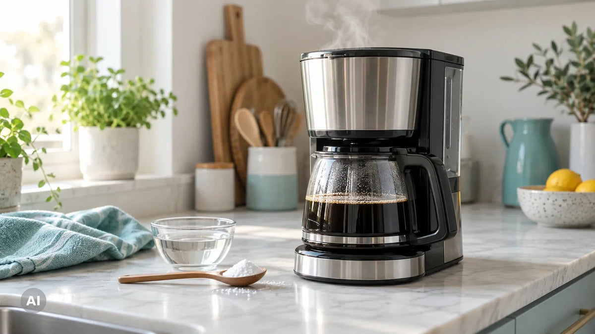 Kaffeemaschine wird mit Essig und Backpulver entkalkt, helle Küche