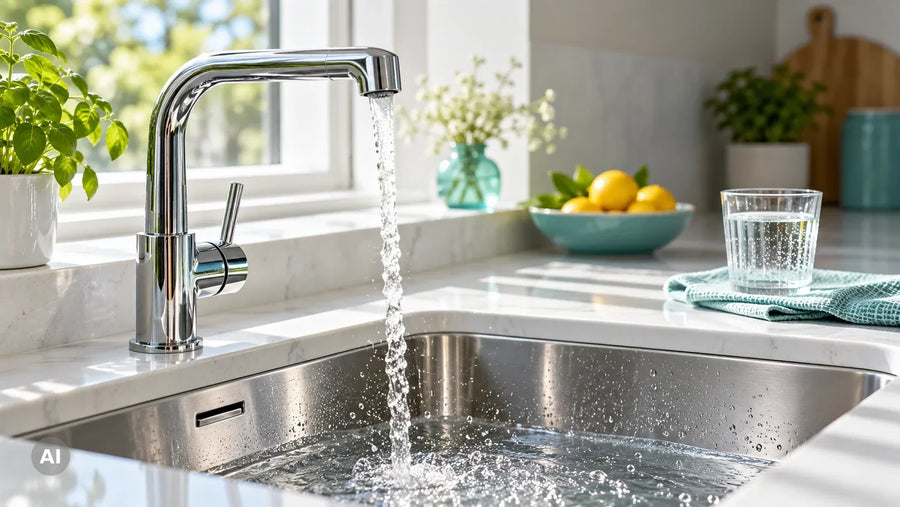 Klarer Wasserstrahl aus einer sauberen Küchenarmatur ohne Kalkränder