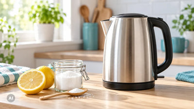 Edelstahl-Wasserkocher auf einer hellen Küchenarbeitsplatte, daneben eine halbe Zitrone und ein Glas mit Zitronensäurepulver