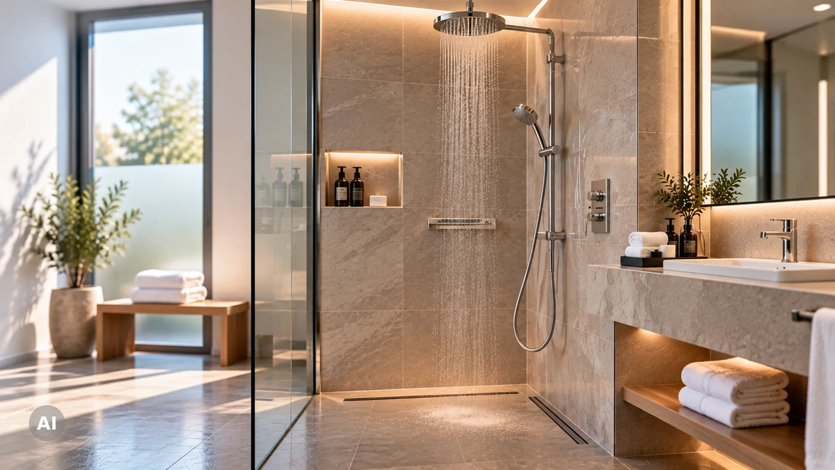 Gepflegtes Hotelbad mit Dusche und Armaturen als Einsatzumfeld für Kalkschutz in Hotels (KI-generiert)
