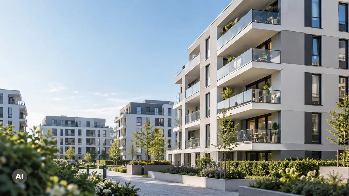Moderne Wohnanlage als Anwendungsbeispiel für physikalischen Kalkschutz in Mehrfamilienhäusern (KI-generiert)