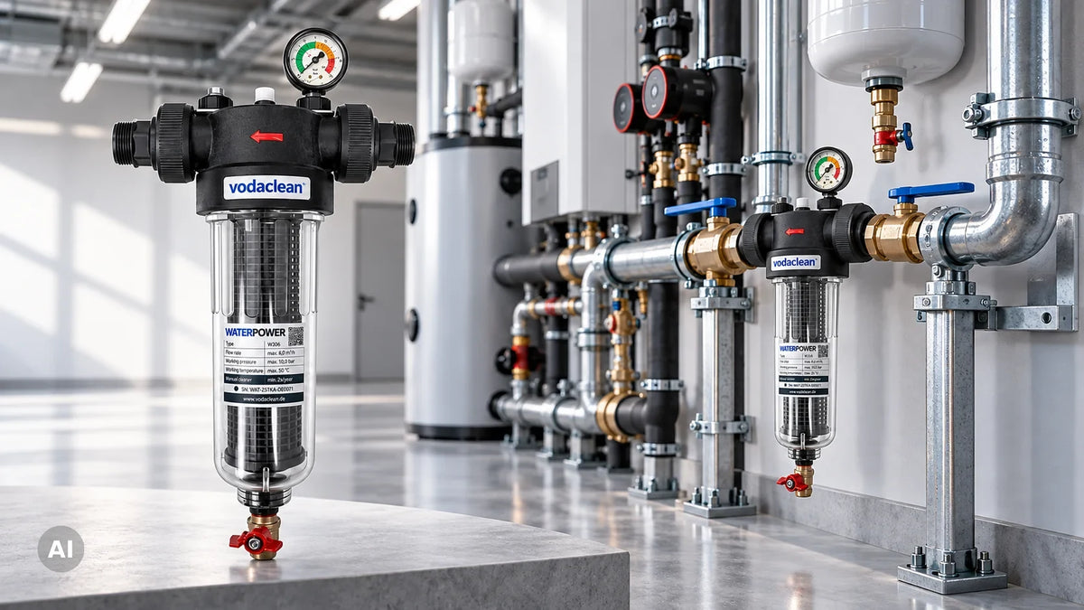 Waterpower-Kalkschutzanlage, installiert in einem Technikraum (KI-generierte Darstellung)